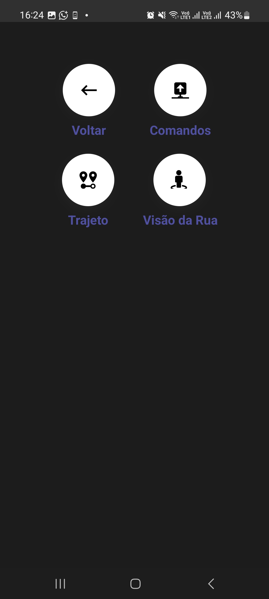 Menu de adicionais com Comandos, Trajeto e Visão da Rua