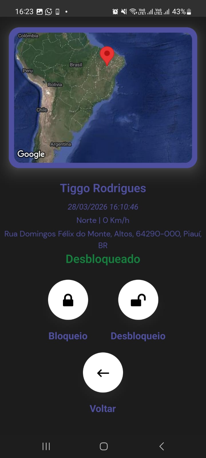 Tela de bloqueio com mapa e opções Bloqueio e Desbloqueio