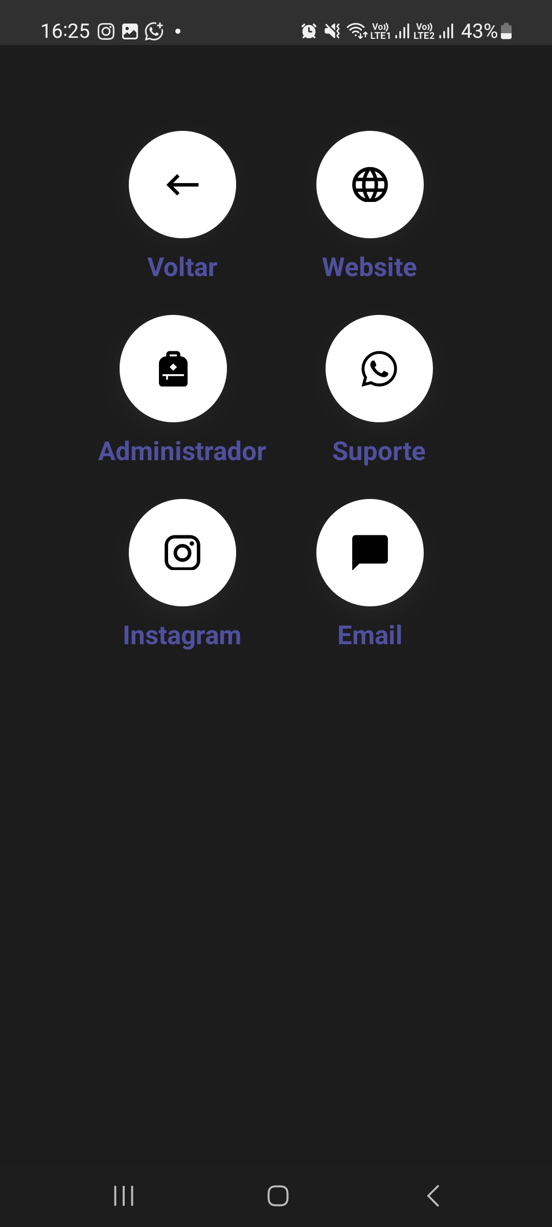 Tela de contatos com Website, Administrador, Suporte, Instagram e Email