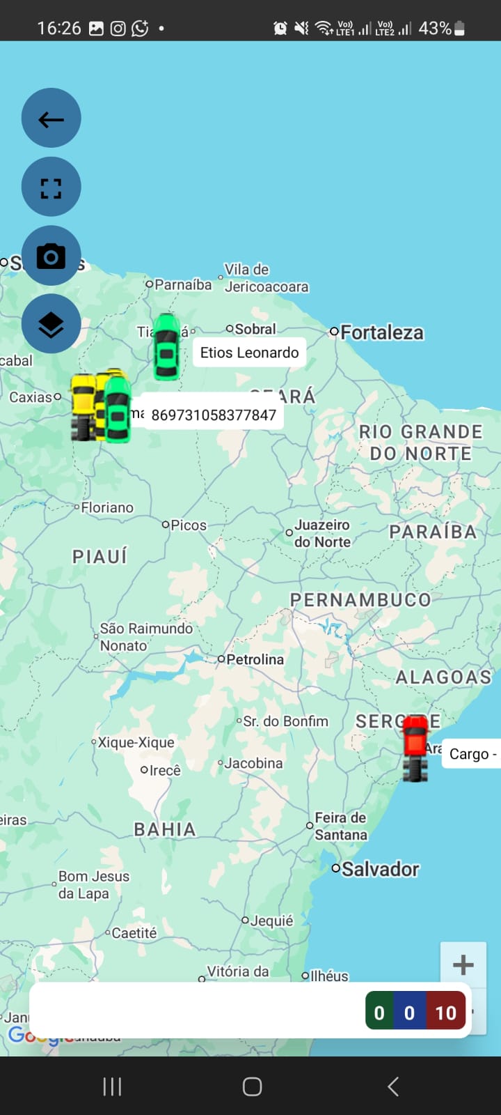 Mapa com localização dos veículos