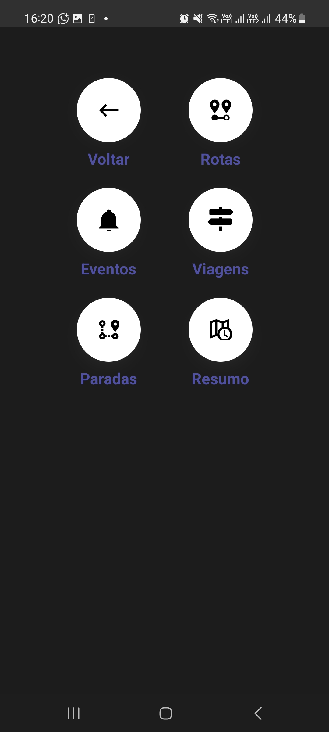 Menu de relatórios com opções Rotas, Eventos, Viagens, Paradas e Resumo