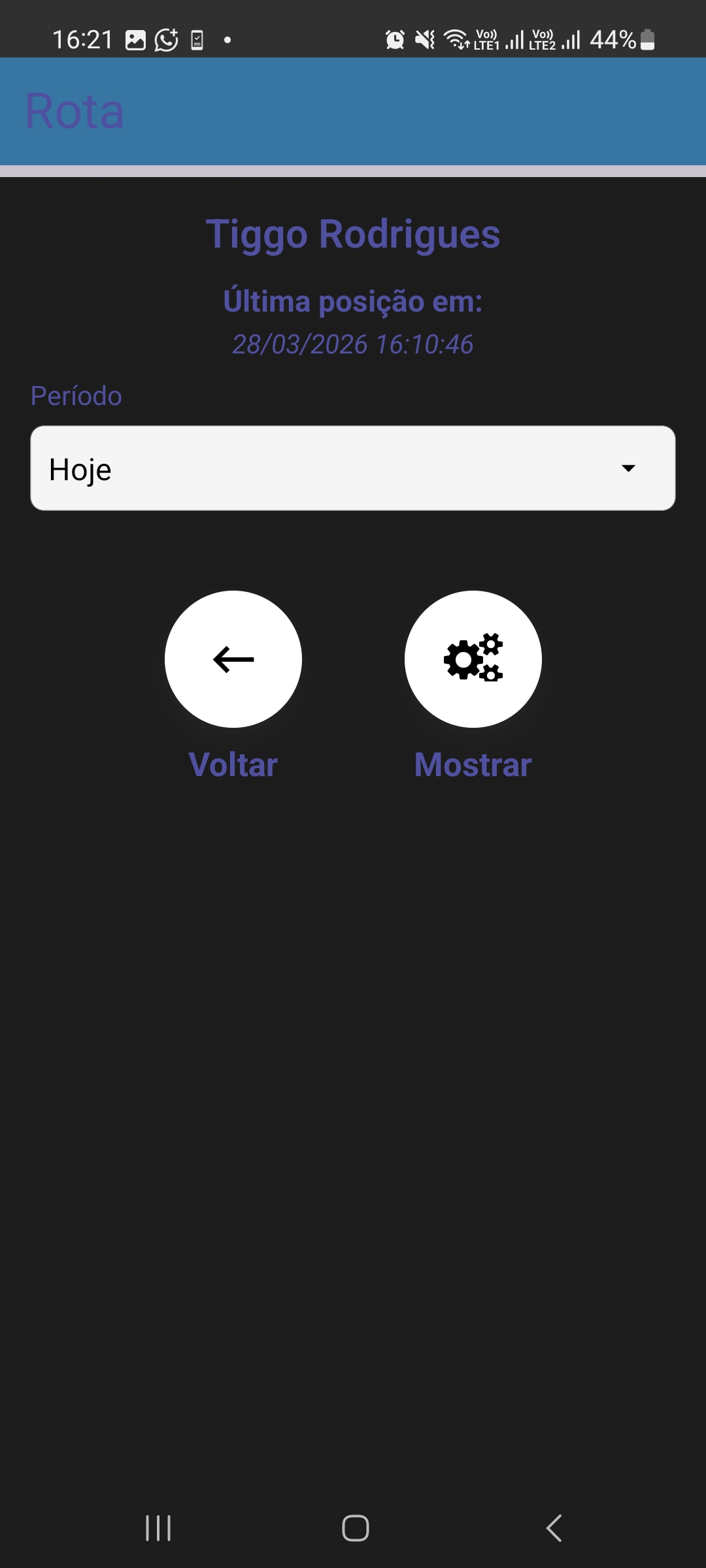 Tela de configuração do relatório de Rota