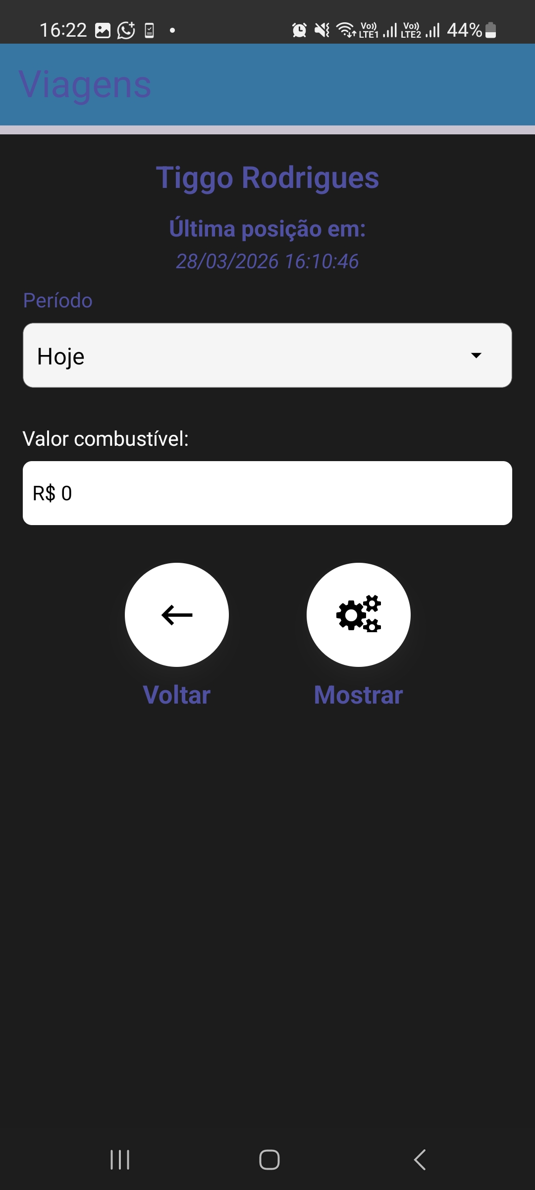 Tela de configuração do relatório de Viagens