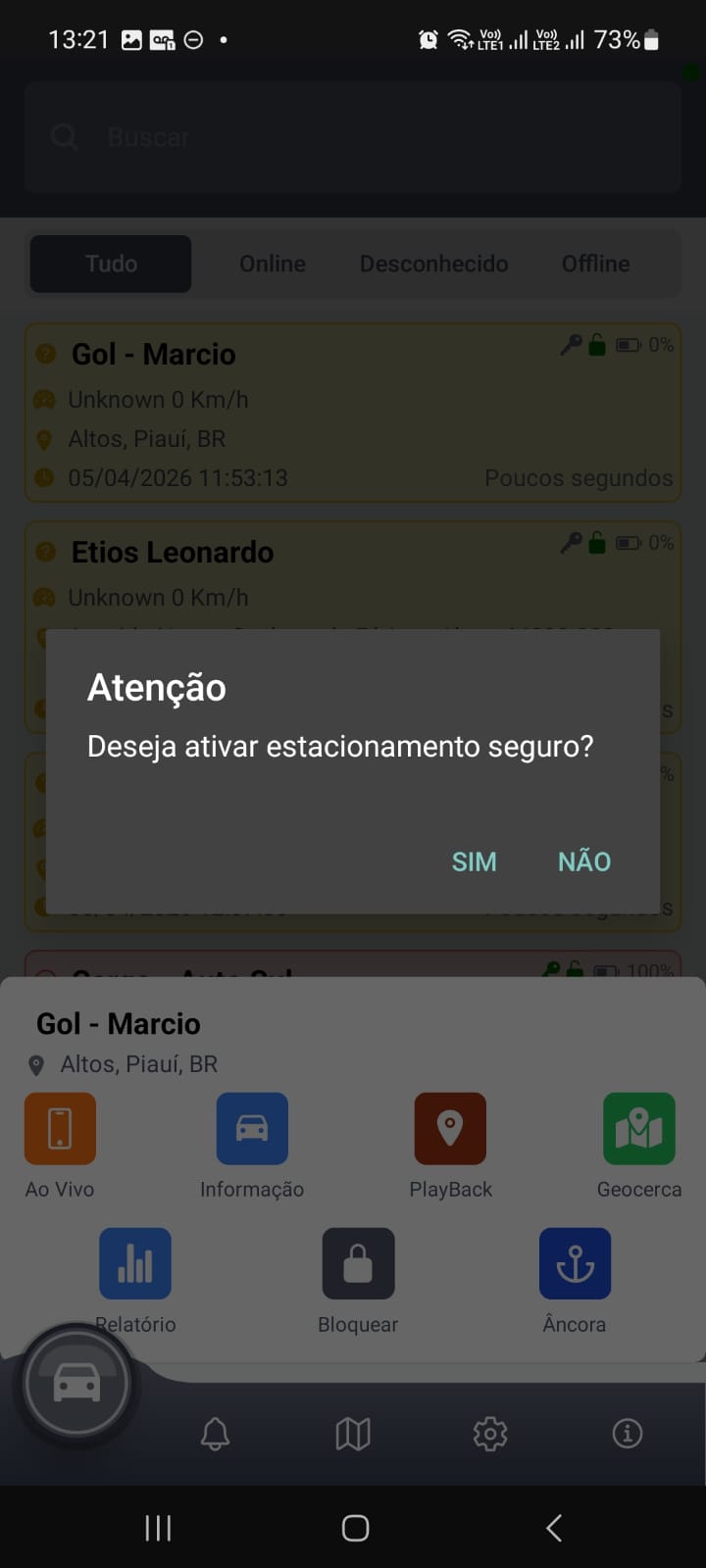 Confirmação de ativação de âncora na tela principal