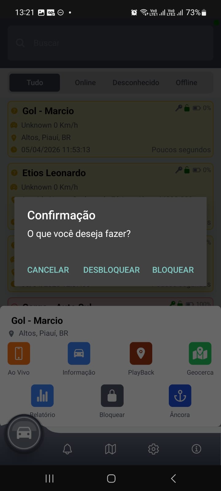 Dialog de confirmação de bloqueio com opções Cancelar, Desbloquear e Bloquear