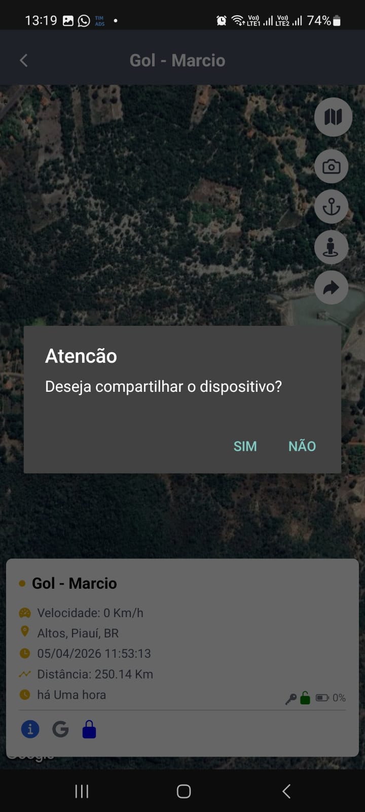 Dialog de confirmação de compartilhamento do dispositivo