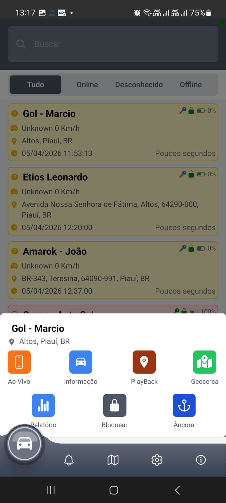 Dispositivo selecionado com menu de ações