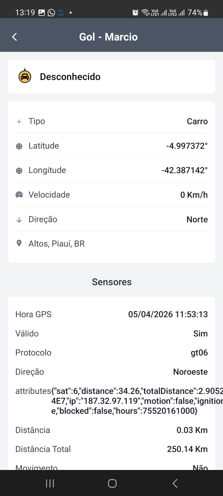 Tela de informações do dispositivo com dados técnicos e sensores