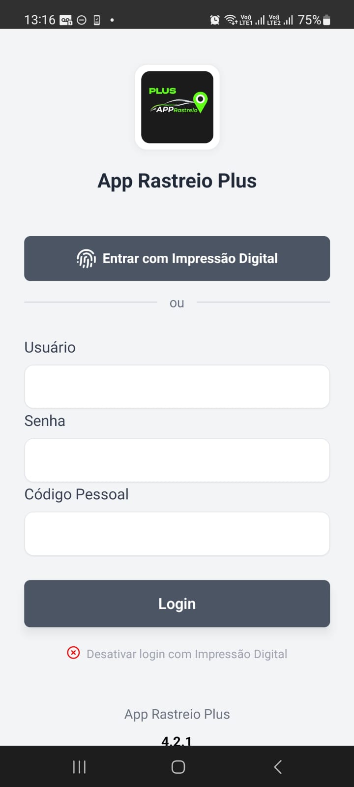 Tela de login do AppRastreio Plus com impressão digital