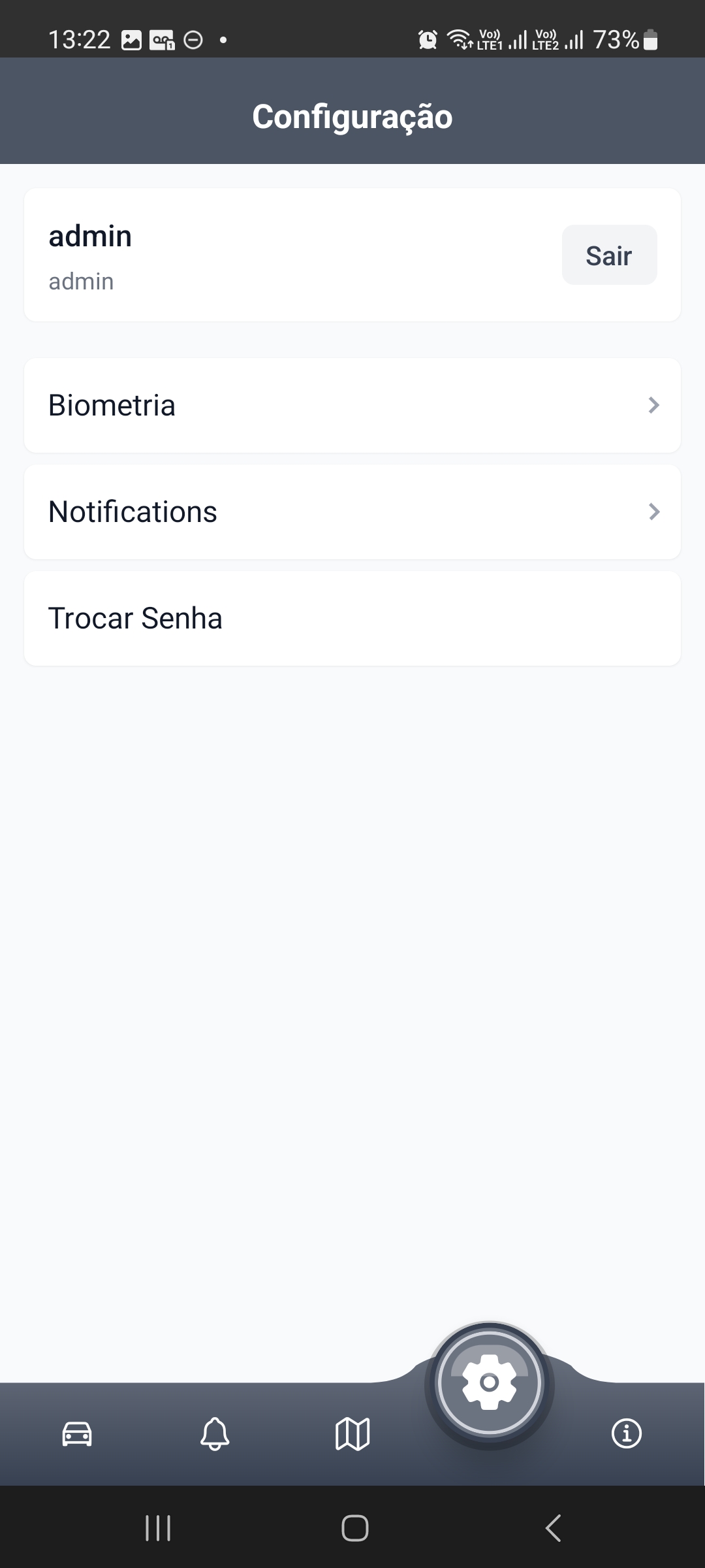 Tela de configuração com perfil, Biometria, Notifications e Trocar Senha