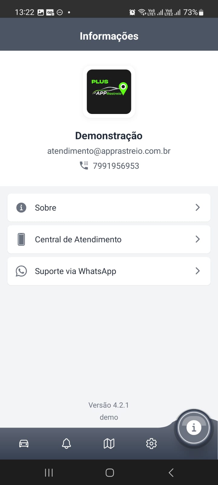 Tela de informações com logo, email, telefone, Sobre, Central de Atendimento e Suporte WhatsApp