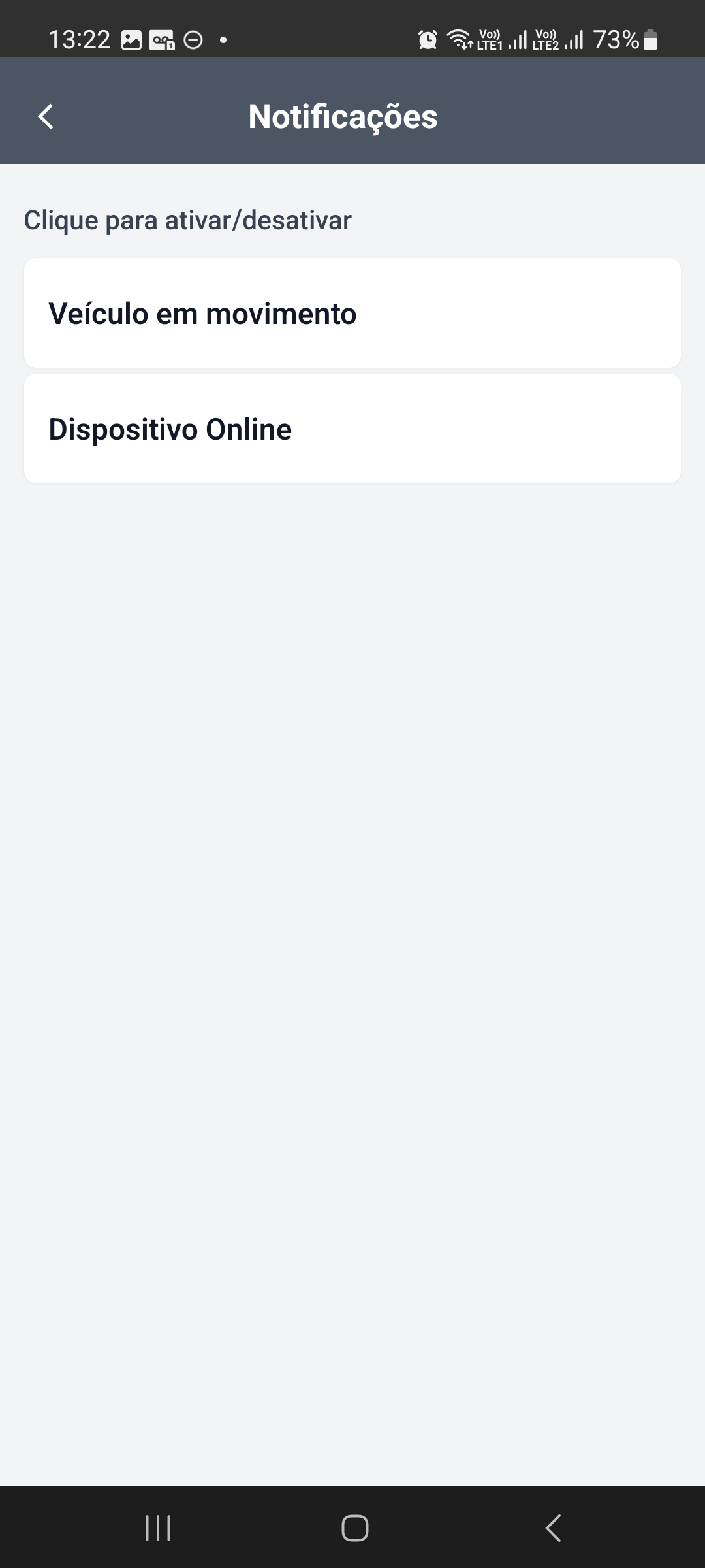 Tela de notificações com opções Veículo em movimento e Dispositivo Online