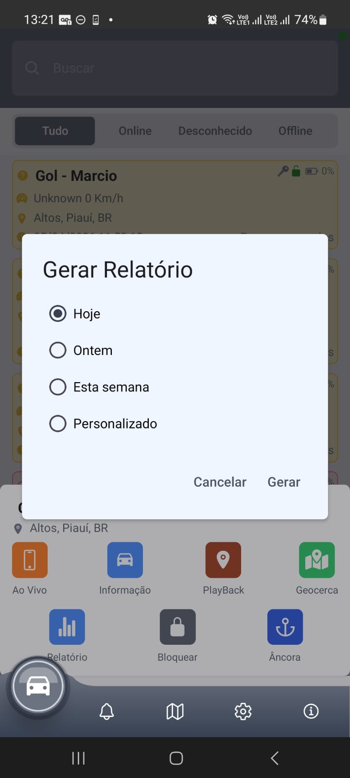 Dialog de geração de relatório com opções Hoje, Ontem, Esta semana, Personalizado