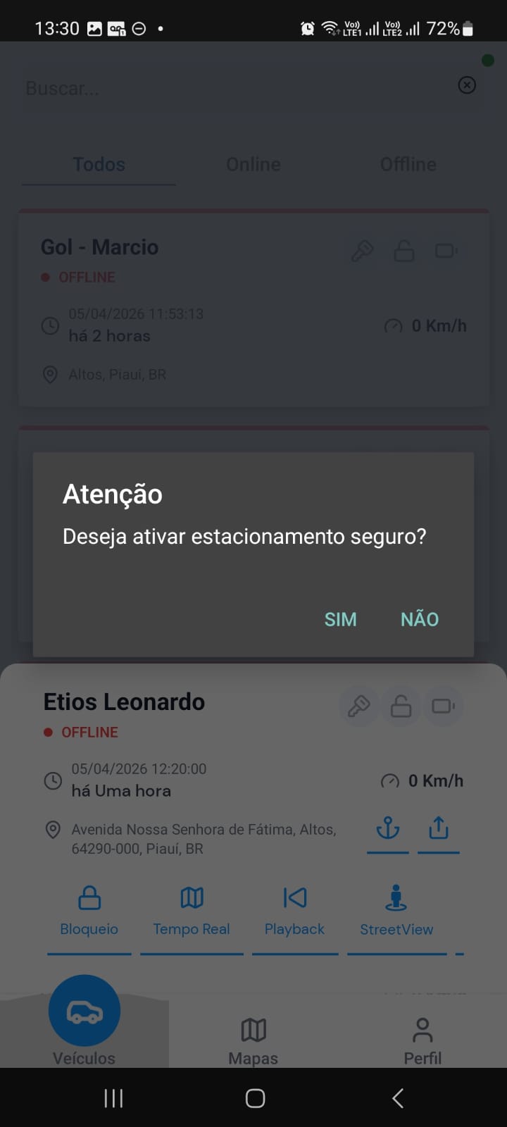 Dialog Deseja ativar estacionamento seguro com SIM e NÃO