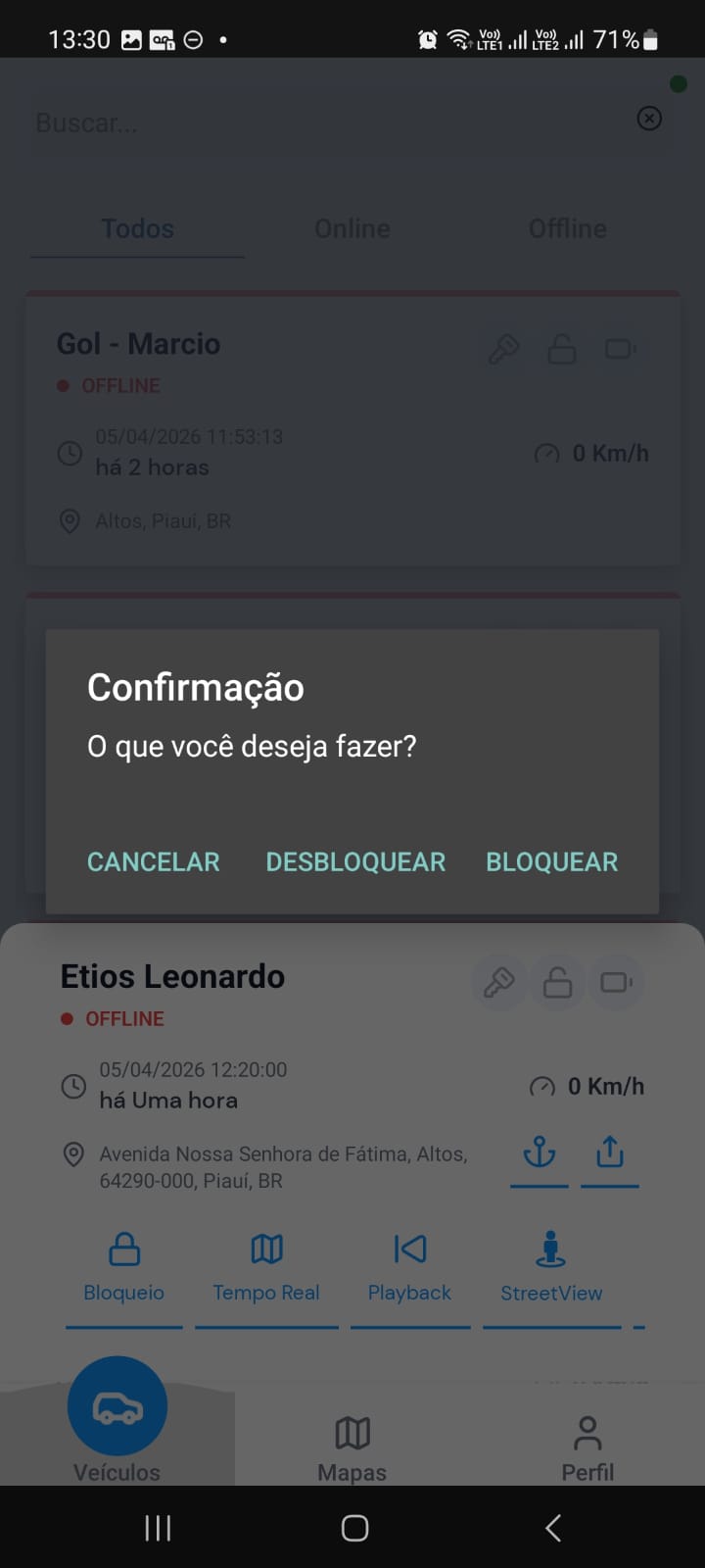 Dialog de confirmação O que você deseja fazer? com CANCELAR, DESBLOQUEAR e BLOQUEAR
