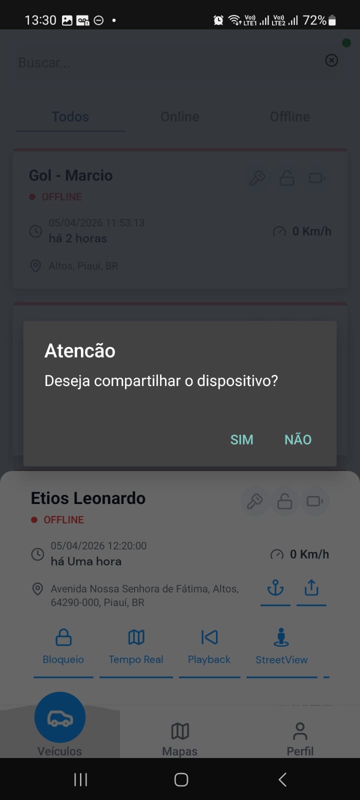 Dialog Deseja compartilhar o dispositivo com SIM e NÃO