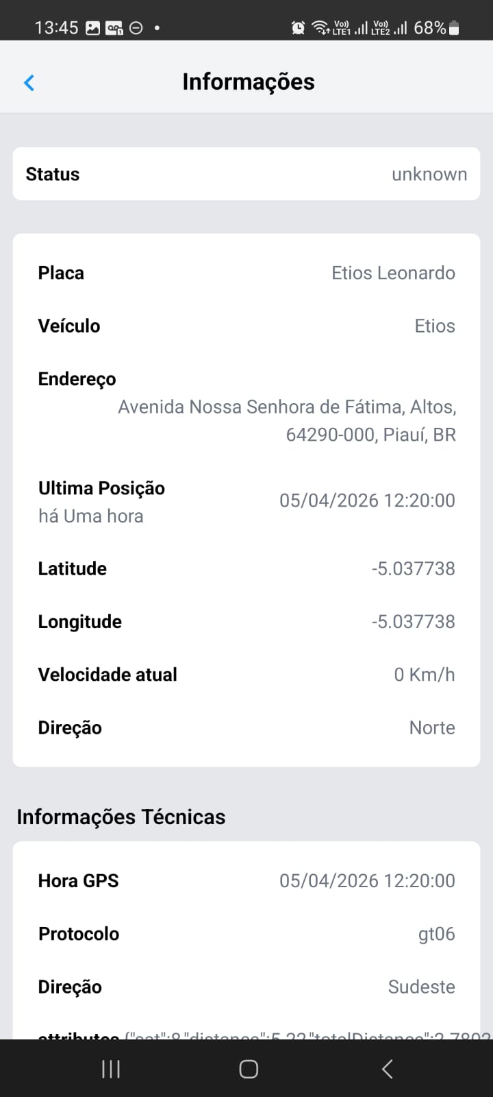 Tela de informações com Status, Placa, Veículo, Endereço, coordenadas, velocidade e dados técnicos