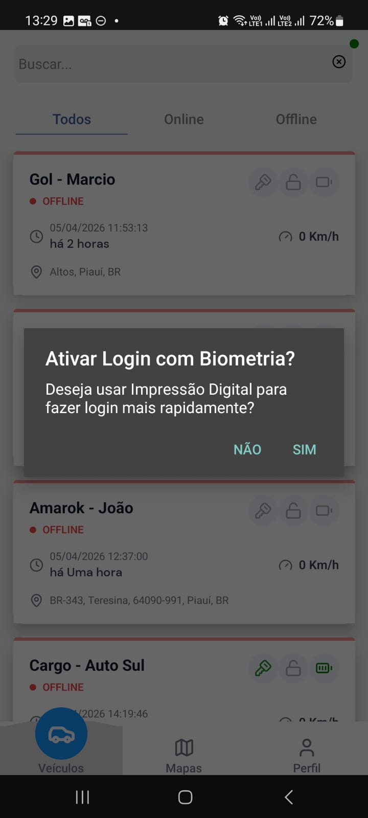 Dialog para ativar login com biometria após o primeiro acesso