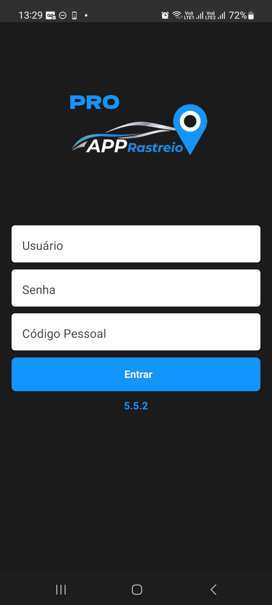 Tela de login do AppRastreio Pro com tema escuro e botão Entrar azul