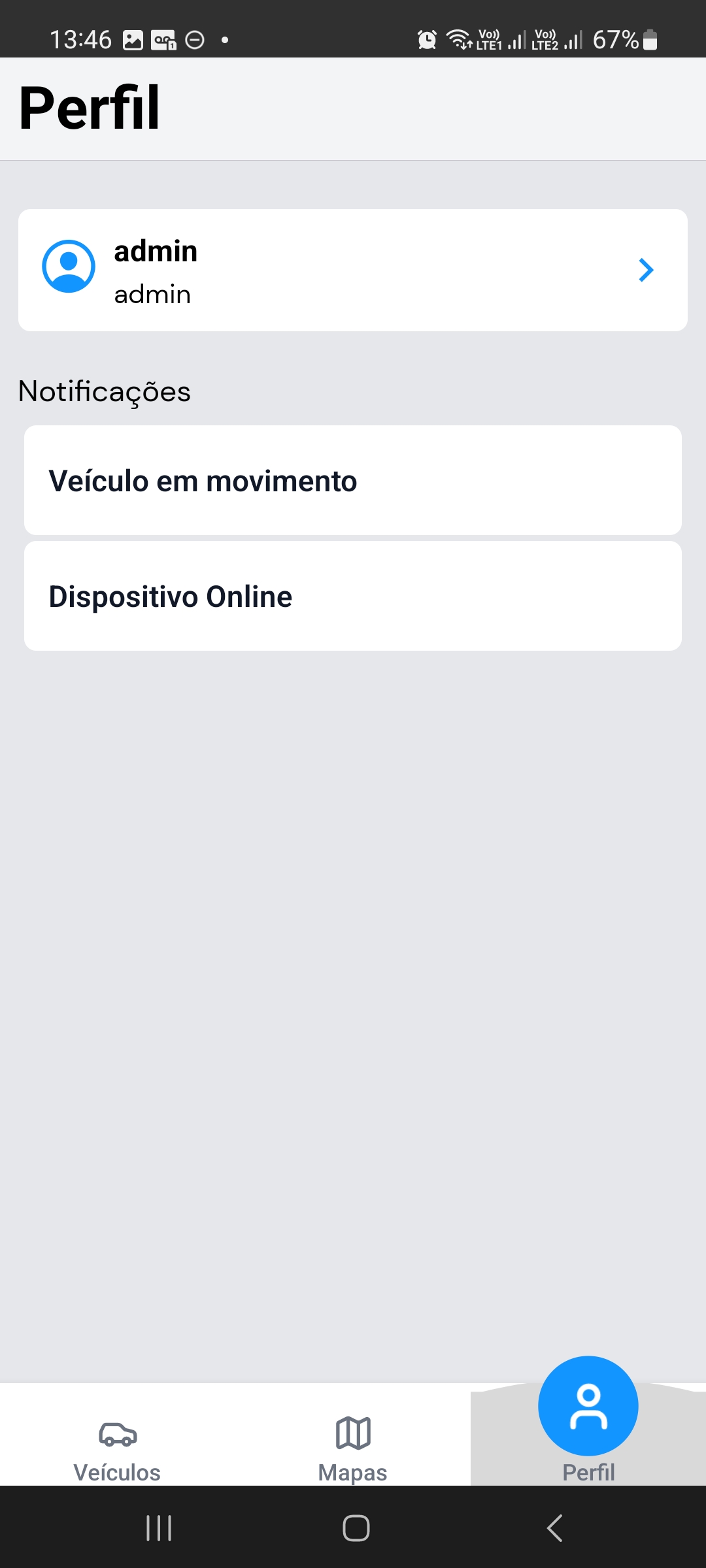 Tela de Perfil com usuário admin, seção Notificações com Veículo em movimento e Dispositivo Online