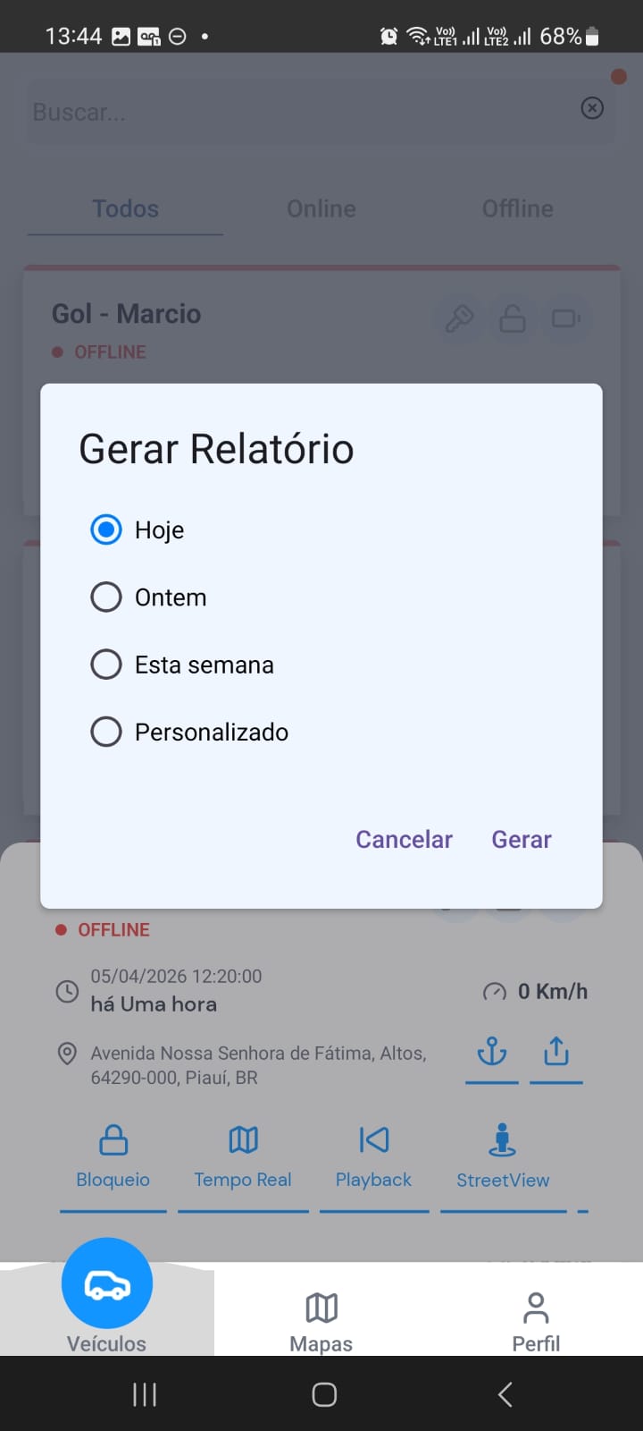 Dialog de seleção de período para PlayBack com Hoje, Ontem, Esta semana, Personalizado
