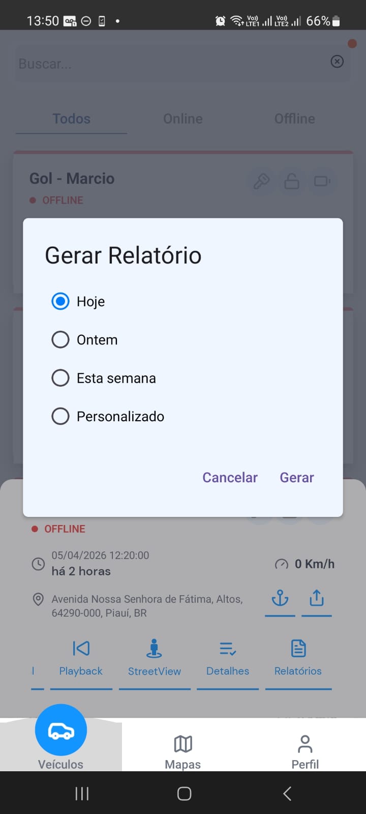 Dialog de geração de relatório com Hoje, Ontem, Esta semana, Personalizado e botões Cancelar e Gerar