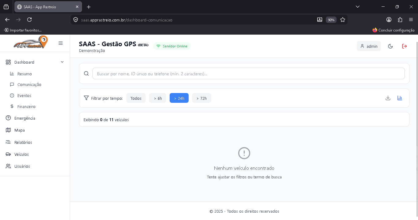 Tela de Comunicação com busca, filtros por tempo e lista de veículos