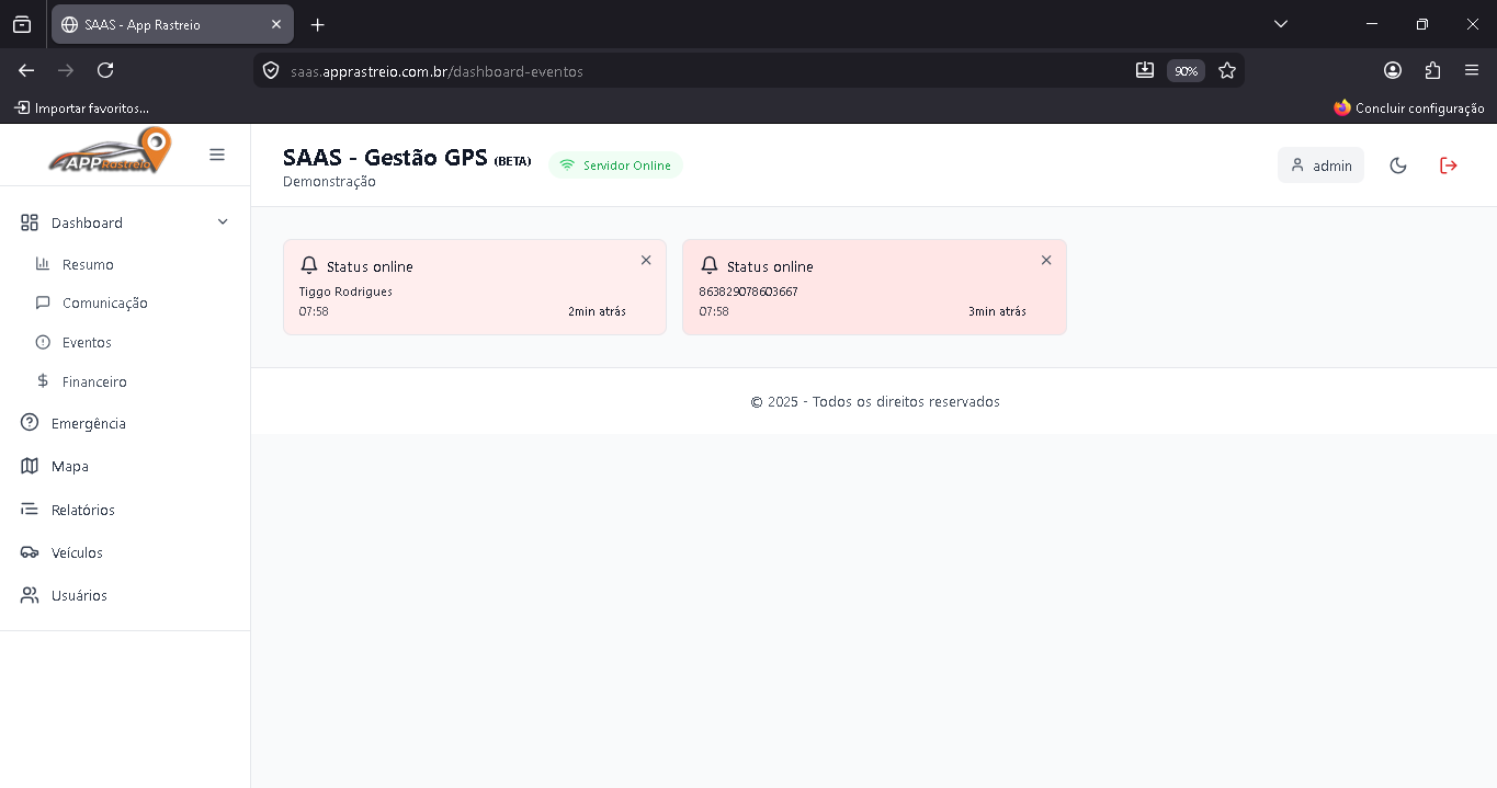 Tela de Eventos com cards de notificação por veículo