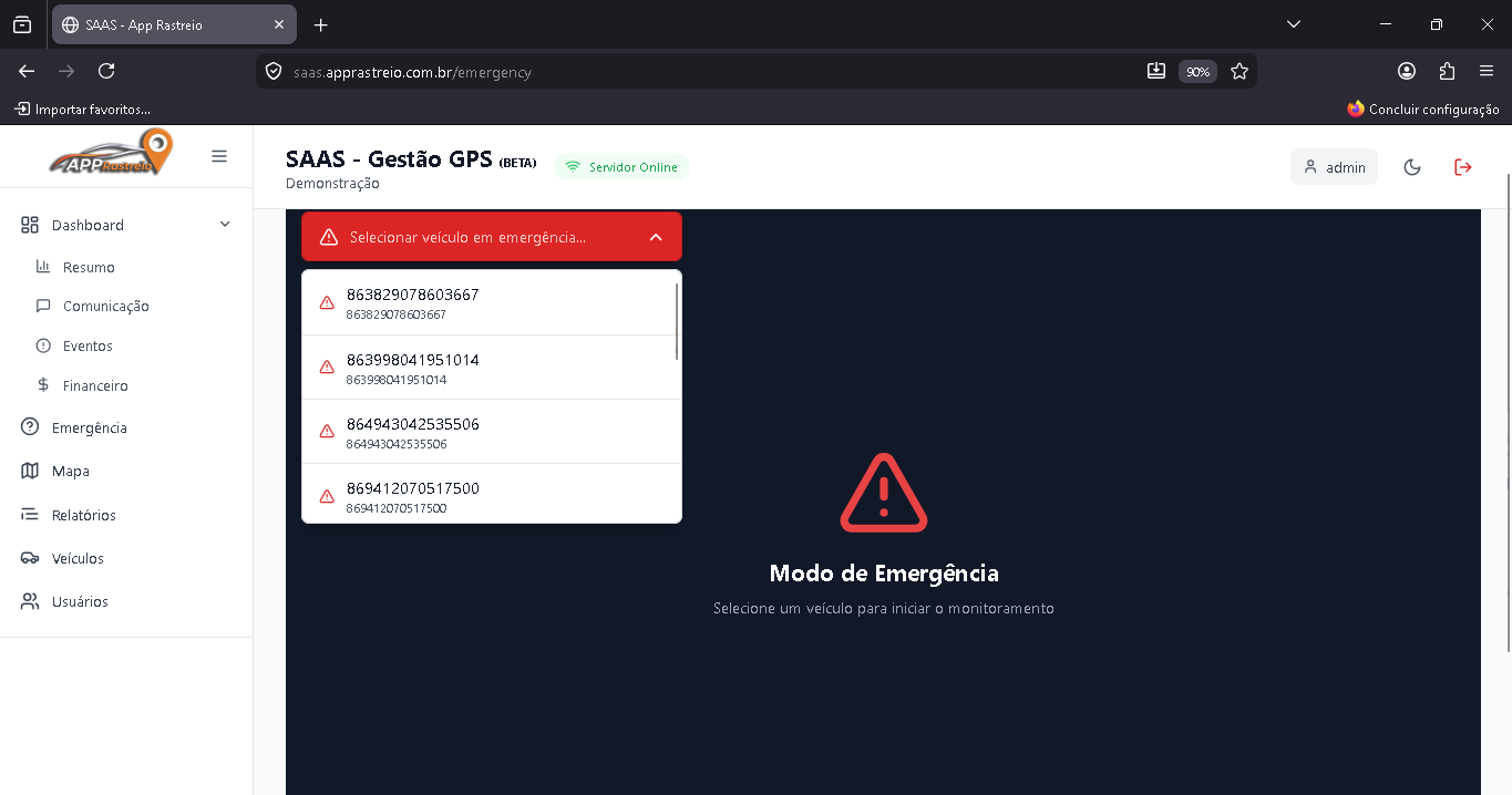 Tela de Emergência com dropdown de seleção de veículo e área central em modo de espera