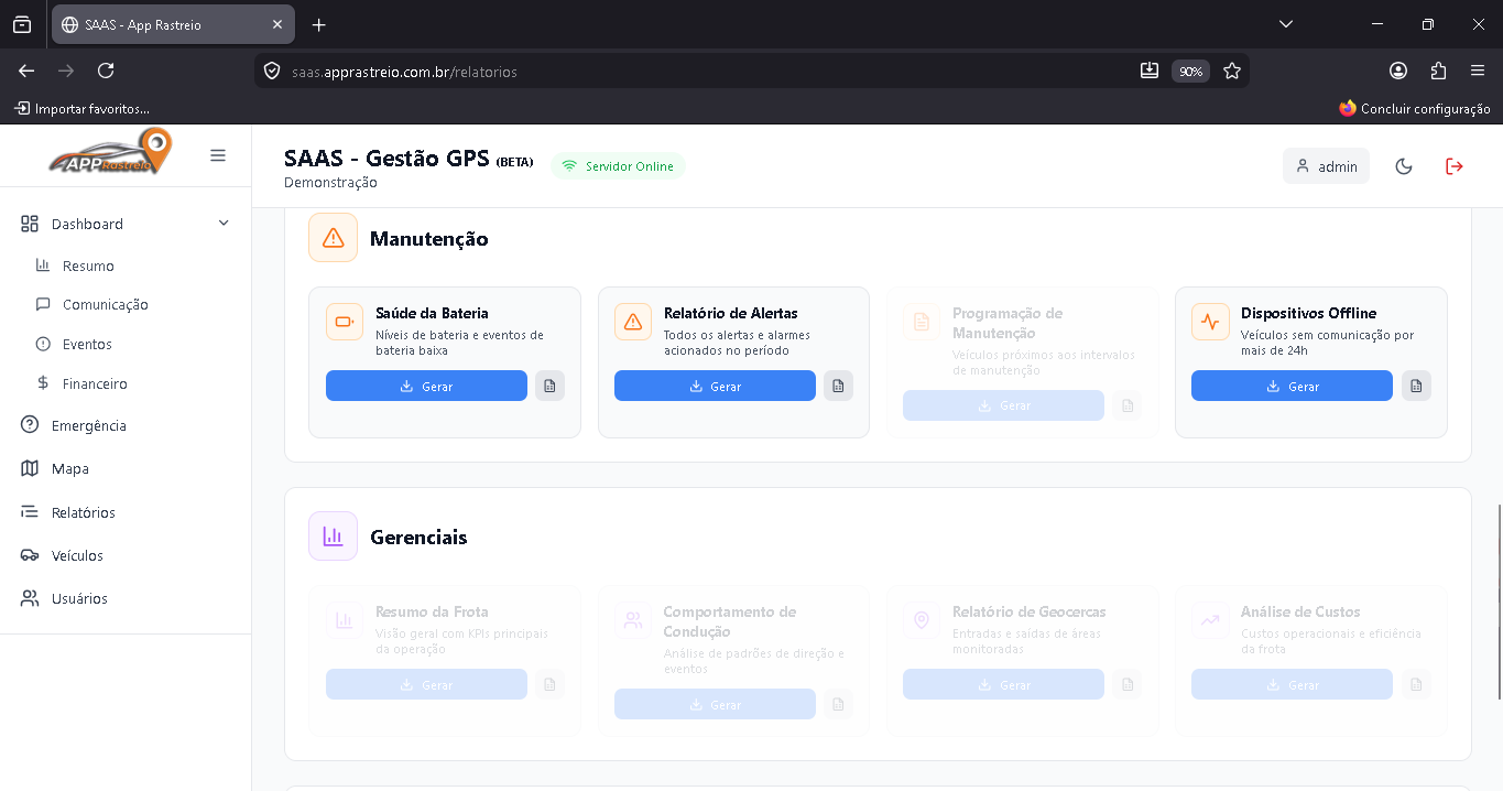 Categorias de relatórios Manutenção e início da seção Gerenciais