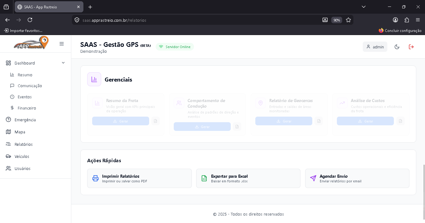 Relatórios Gerenciais e Ações Rápidas: imprimir, exportar para Excel e agendar envio
